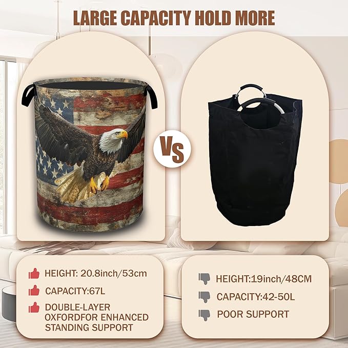 American Flag Eagle Laundry Basket,Waterproof Foldable Laundry Hamper,Dirty Clothes Basket, Linen Bin Storage Organizer Collection 16" x 20.8"
