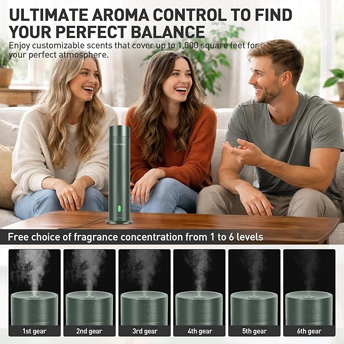 Waterless Scent Diffuser Starter Kit - 1000 Sq Ft Coverage, Hotel Scent Diffuser, Essential Oil Diffuser Large Room, Included 5 Scent Oils, Remote Control, SandGreen