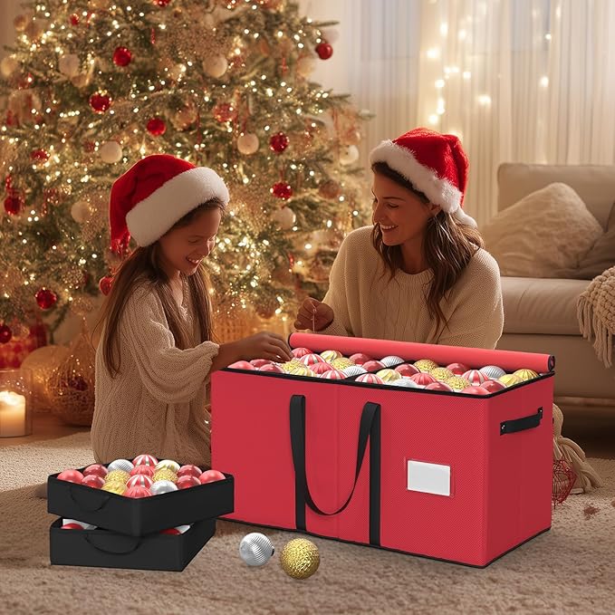 Christmas Ornament Storage Box With 8 Trays - Stores Up to 128 Holiday Ornaments, Christmas Storage Container with Side Pocket, Adjustable Dividers, Card Slot, Tear-Proof Fabric - Red