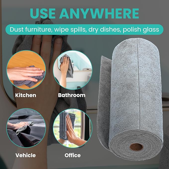 Microfiber Cleaning Cloth Roll Tearaway, 50 PCS Tear Away Towels, Reusable & Washable, Ultra Absorbent 12" x 5.5" Dish Rags for Car, Home, Kitchen, , 180 GSM Thickness, Paper Towel Alternative