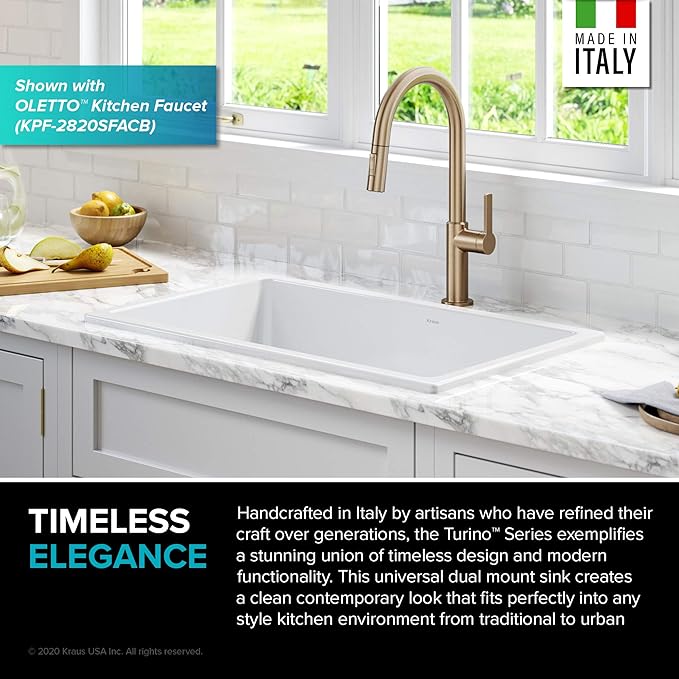 KRAUS Turino™ 30” Drop-In Undermount Fireclay Single Bowl Kitchen Sink with Thick Mounting Deck in Gloss White, KFD1-30GWH