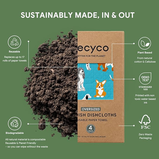 RECYCO Swedish Dishcloths for Kitchen | 4 Pack Oversized Washable Dish Rags | Large Cellulose Reusable Cleaning Paper Towels | Absorbent Counter Dish Cloth Sponge XL Kitchen Wipes, 12" L x 10" W