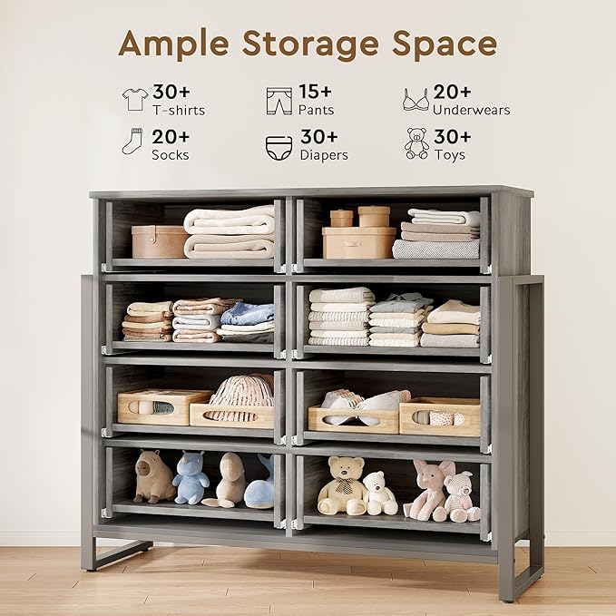 Fluted Dresser for Bedroom with 8 Drawers, 50" Wide Chest of Drawers with Raised H Legs and Curved Profile Design, Wood Closet Clothes Storage Organizer for Bedroom, Hallway, Grey