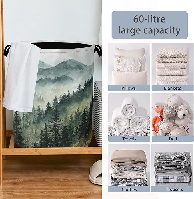 Mountains Forests Laundry Hamper,Dirty Clothes Laundry Basket with Handles Waterproof Oxford Cloth Storage Basket for College Dorms Bathroom Bedroom 16" x 20.8"