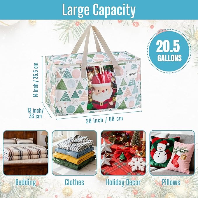 VENO 6 Pack Moving Bags, Large Christmas Storage Bins with lids, Packing Supplies for College, Alternative to Moving Boxes, Foldable, Heavy-Duty Tote, Christmas Pattern (Pastel Forest, 6 Pack)