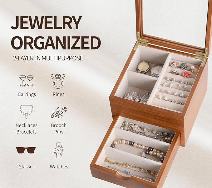 Jewelry Box with Glass Lid, 2 Layer Jewelry Organizer for Women, Solid Wooden Jewelry Box Display for Ring Earrings Necklace Bracelet, Pine Wood Jewelry Boxes Vintage Style for Gifts