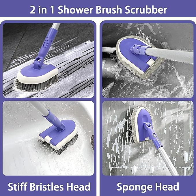 TRENNCHI 2 in 1 Tile Tub Scrubber Brush with 46.8" Extendable Long Handle, Shower Mop and Tub Cleaning Brush with 2 Different Function Cleaning Heads for Cleaning Bathroom Kitchen Wall Bathtub Floor