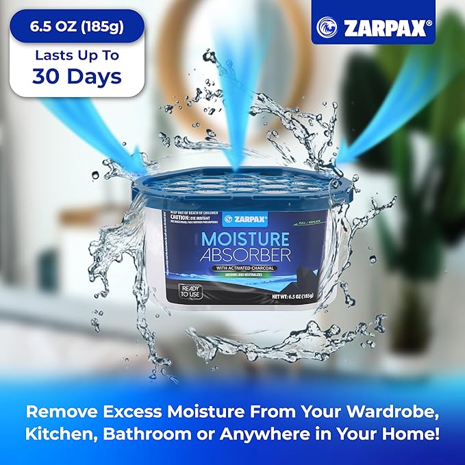 ZARPAX Moisture Absorber Activated Charcoal 6.5 oz/185g | Removes Moisture, Damp, Humidity & Odors | Odor Absorber | Moisture Trap for Bathroom, Closet, Kitchen & Small Spaces | Set of 15