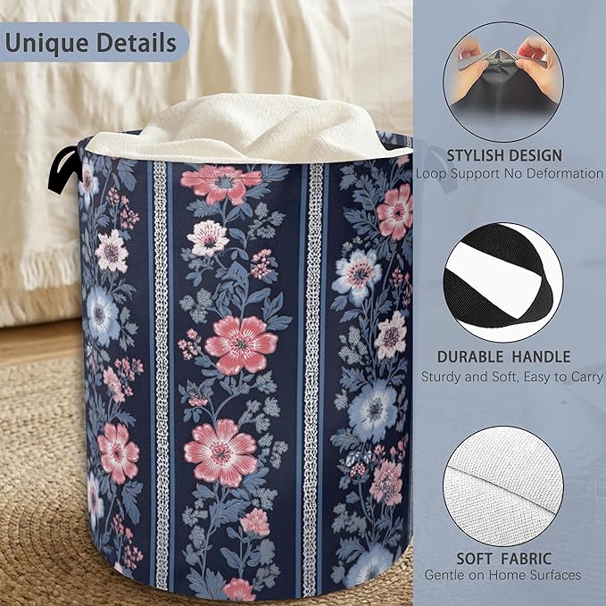 Boho Vintage Flower Laundry Basket,Foldable Oxford Cloth Tote Bag Laundry Hamper Clothes Storage Bucket Organizer for Bedroom Laundry Storage Dormitories 16" x 20.8"