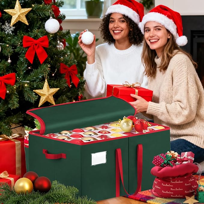 Christmas Ornament Storage Box, Holds Up to 128 Ornaments with Adjustable Dividers, Large & Sturdy Holiday Decoration Ornament Organizer Storage Bin with Zipper and Handles, Green