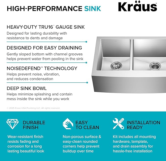 Kraus KHF204-33 Standart PRO Kitchen Stainless Steel Sink, 16 Gauge, 33" Undermount Round Apron 40/60 Double Bowl Kitchen Sink