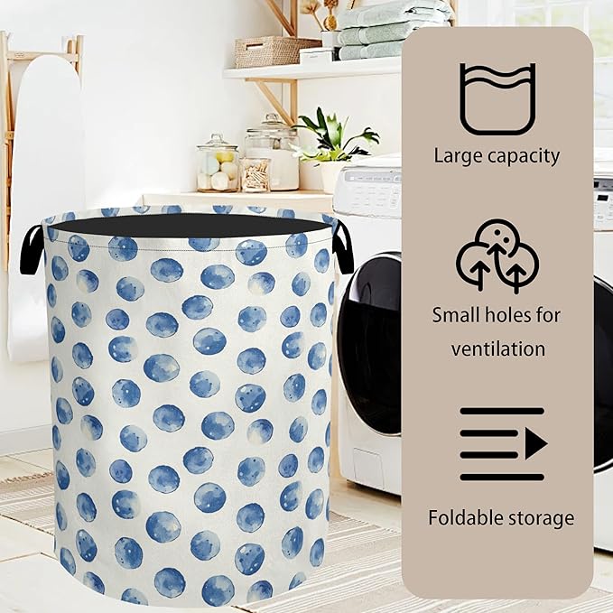 Blue Polka Dots Laundry Basket with Handles - Extra Large Foldable Hamper for Bathroom/Laundry/Bedroom/Dorm, Washable Fabric Storage Bin