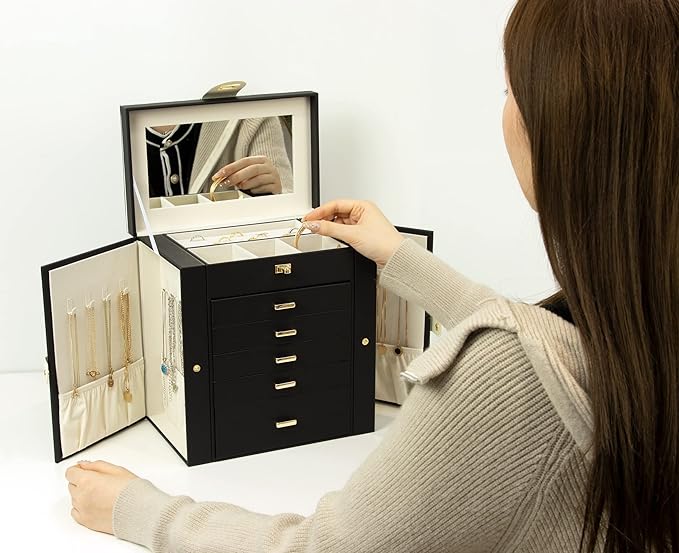 KAMIER Jewelry Box for Women, 6-Layer Large Jewelry Organizer Box with Mirror & 5 Drawers for Rings, Earrings, Necklaces, Bracelets,Black