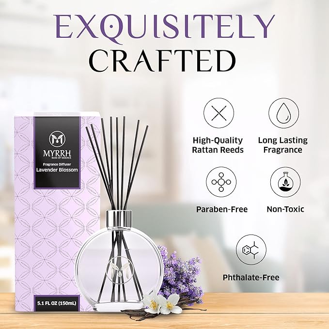 Lavender Blossom Scented Reed Diffuser Set with 8 Rattan Diffuser Sticks, 150 ml, All Natural Air Freshener, Long-Lasting Diffusers at Home - MyrrhUSA