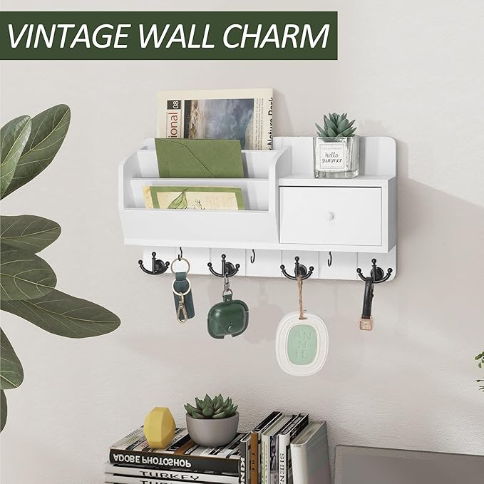 Rebee Vision Key Holder Wall Mount and Mail Organizer : Farmhouse Key and Mail Holder for Wall with Drawer and 7 Key Hooks - Decorative Home Organization for Wall Decor Aesthetic (White)