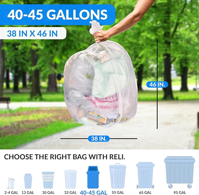 Reli. 40 to 45 Gallon Trash Bags Heavy Duty | 250 Trash Bags | Super Sizeable, Clear, Garbage for Serious Cleanup