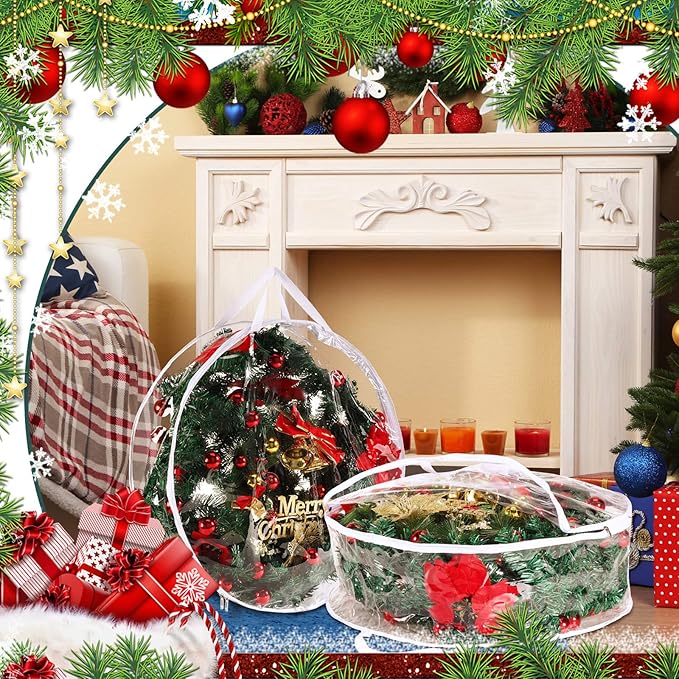 Shappy 2 Pieces Clear Christmas Wreath Storage Container 24 Inches Xmas Wreath Storage Bag Plastic Christmas Garland Container with Dual Zippers and Reinforced Handles for Xmas Seasonal (Clear)