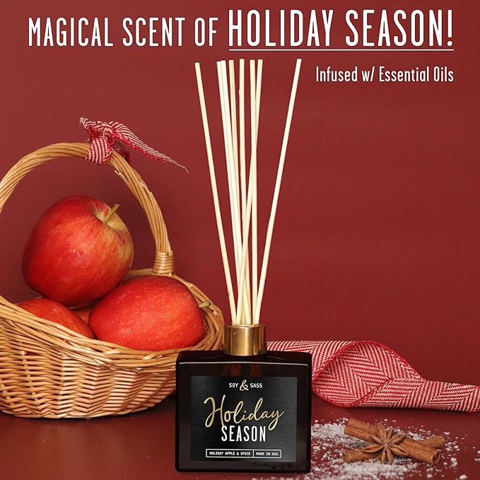 Holiday Diffuser, Holiday Reed Diffusers for Home Christmas Décor - w/Apple & Spice I Infused w/Essential Oils I 3.75 OZ Oil I Long-Lasting Scent Lasts 4-6 Month's I Made in The USA