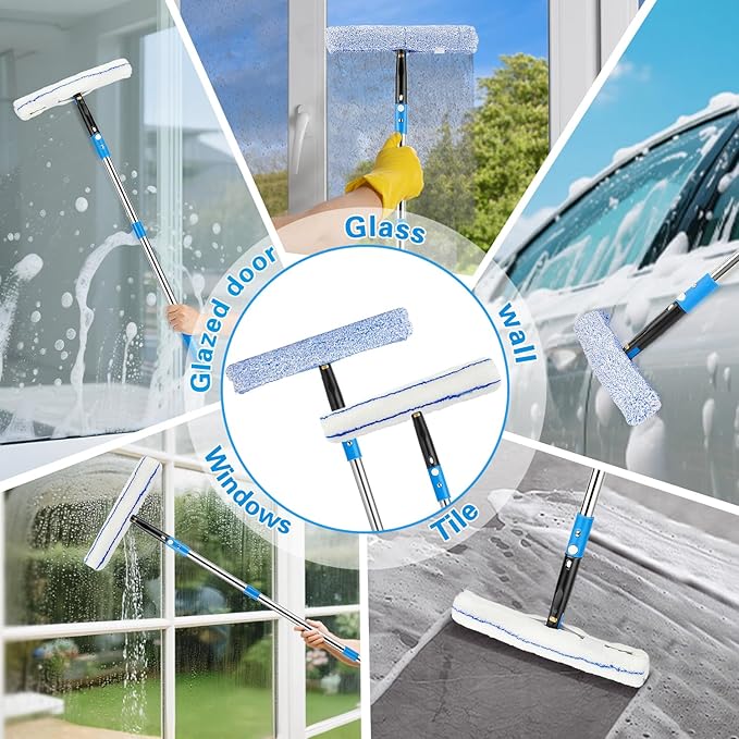 Feeloco 75'' Window Squeegee Cleaner Tool, Professional Window Cleaning Kit for Glass with 360° Rotation & Extension Pole- Glass Cleaner Tool with Scrubber for Windows,Glass,Bathroom,Shower