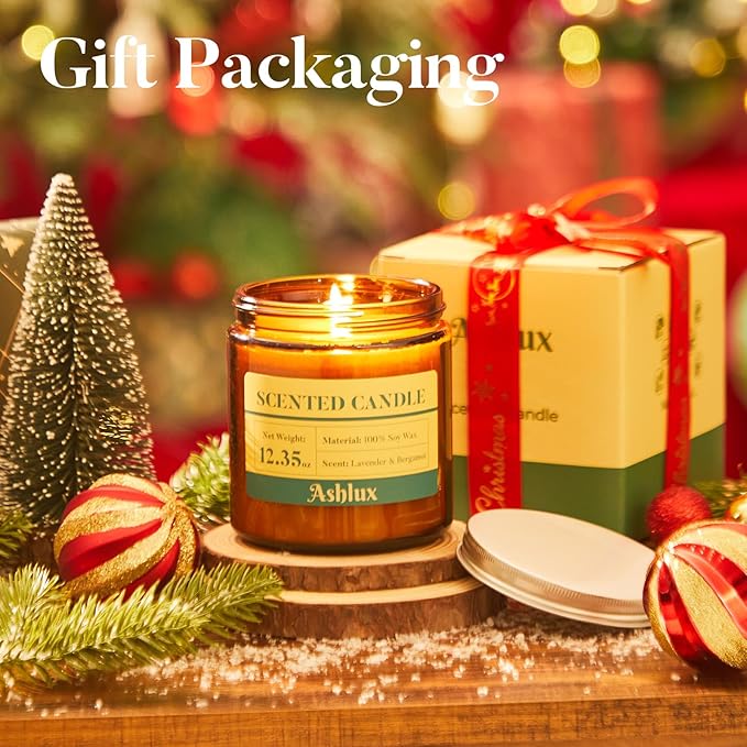 Lavender and Bergamot Candle,12.35oz Scented Candles with 8% Essential Oils,70 Hour Burn Time Soy Wax Candles for Home Decor,Reading,Jar Candle Gifts for Women and Men
