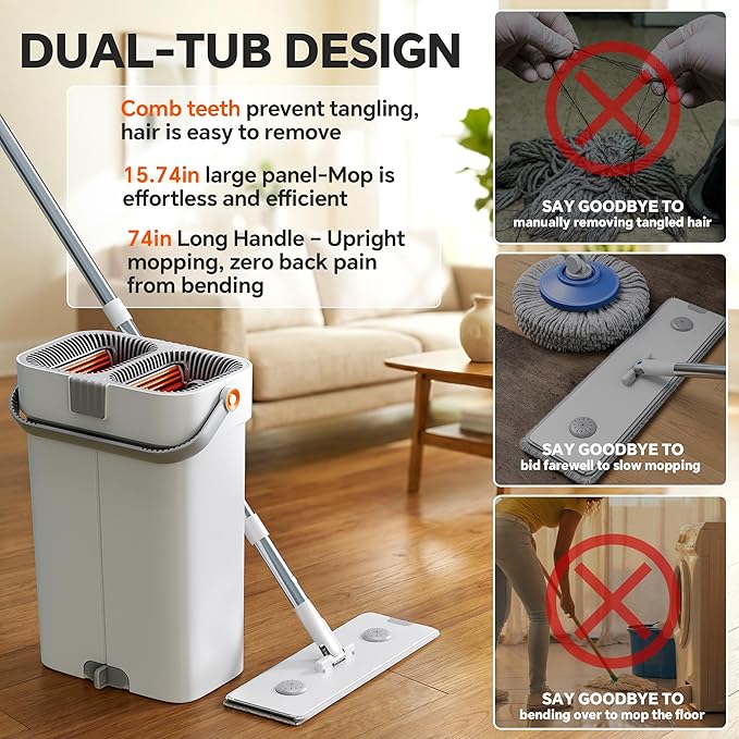 CTIME Large Mop and Bucket Set, Flat Mop and Bucket System, Wall Mop with Adjustable Handle (Max 74 Inches), Mops for Floor Cleaning, 6 Washable 15.74'' Microfiber Mop Pads