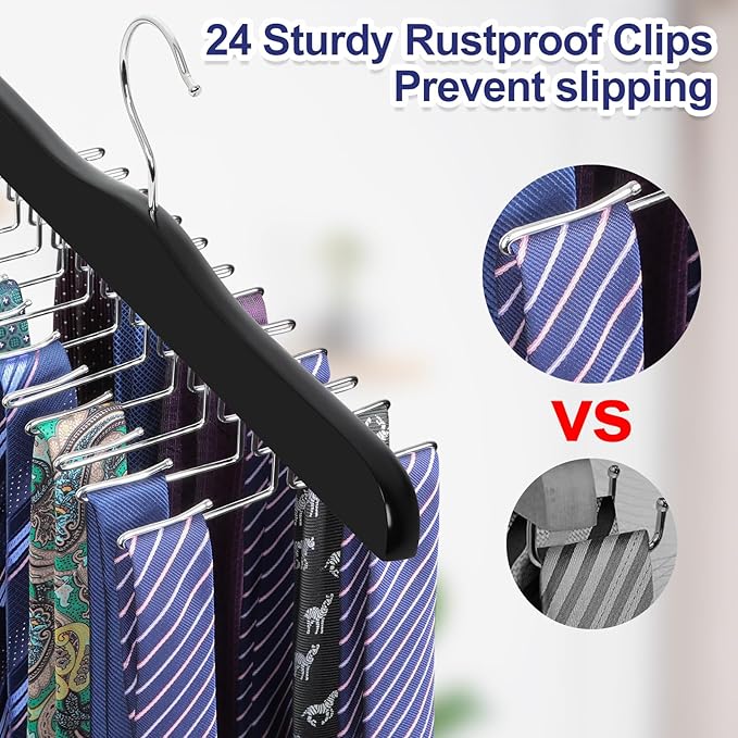 TOPIA HANGER Tie Rack Hanger for Closet, Wooden Tie Organizer for Men with 24 Folding Hooks, Space Saving Necktie Holder for Storage and Display Bra, Tank Top, Camisole (2-Pack), Black- CT14B-2