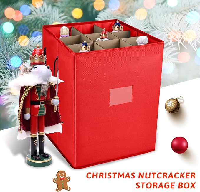 Christmas Nutcracker and Figurine Collectible Storage Box, Fits 9 Holiday Ornaments, Stores Up to 16" Tall Ornaments, Holiday Decor Organizer with Dividers, Nutcracker not Included(Red)