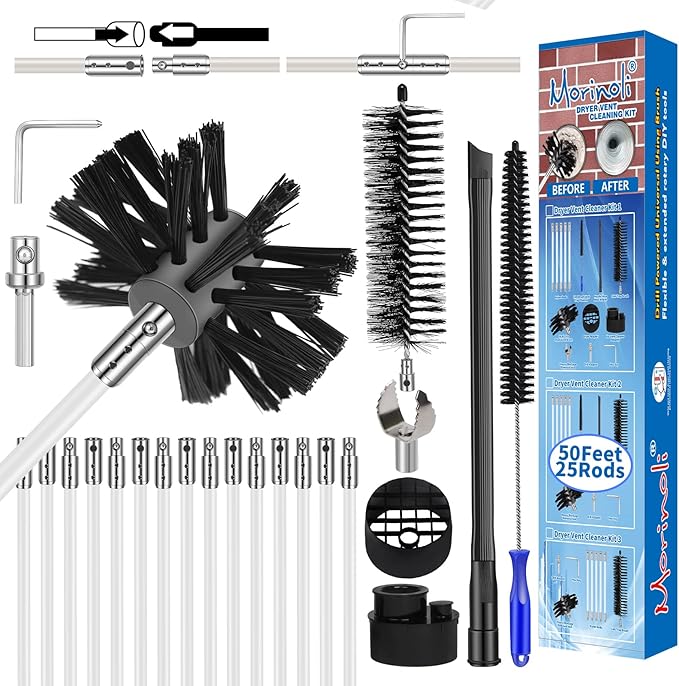 50 Feet Dryer Vent Cleaning Kit Chrome Button Locking System Dryer Vent Cleaning System Dryer Vent Cleaner Kit Vacuum Attachment Dryer Vent Nozzle Hose Attachment Vacuum Adapter Dryer Adapter