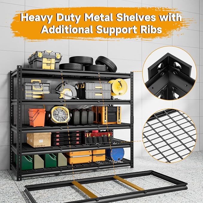 cynnda 5-Tier 60" W X 24" D X 78" H Garage Shelving Metal Storage Shelves 3300LBS Heavy Duty Industrial Shelving Adjustable Garage Shelf Unit Utility Storage Racks(Black)