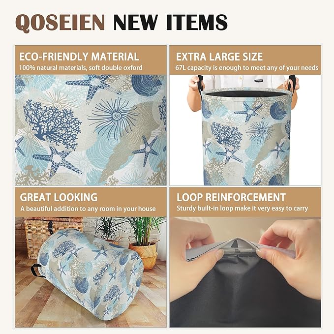Large Laundry Basket,Corals Seashells Collapsible Laundry Baskets,Cute Algae Waterproof Oxford Hamper with Handles for Bathroom Bedroom Nursery Home Storage 16"x20"