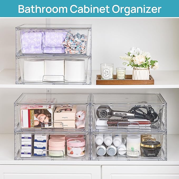 Vtopmart 6 Pack Large Stackable Storage Drawers,Easily Assemble Acrylic Bathroom Closet Undersink Organizers and Storage,Plastic Storage Bins for Kitchen Cabinets,Pantry,Makeup,Medicine Organization