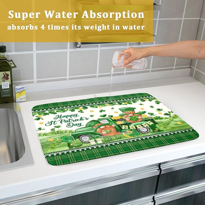 Shamrock Truck Dish Drying Mat Buffalo Check Dish Drainer Mat 18x24 inch Reversible Microfiber Quick Dry Rack Pad for Kitchen Counter Sink
