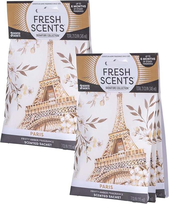 Fresh Scents Scented Sachets | Paris | Home Fragrance | Long Lasting (Up to 6 Months) | Air Freshener for Closets, Drawers, & Cars | 6 Pack