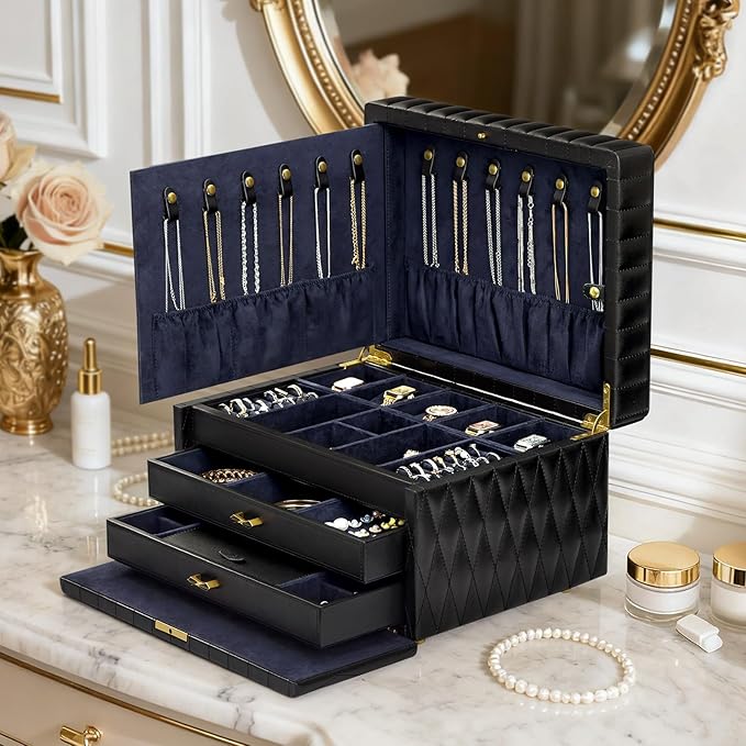 Genuine Leather Jewelry Box - 3 Layer Large Jewelry Organizer with Mirror, Lockable Jewelry Box for Women - Necklace, Ring, Earring Organizer with Drawer - Valentine's Day Gift (Black)