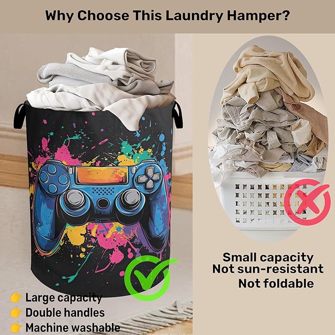 Laundry Basket, Dirty Clothes Basket, Gamers Controller Foldable Canvas Laundry Hamper with Handles - Toy Organizer, Heavy Duty for Home, Bedroom, Dorm, Bathroom