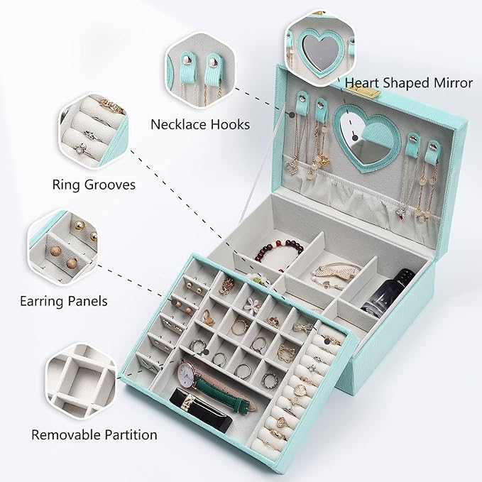 Dajasan Jewelry Boxes for Women Girls, Jewelry Organizer Box, 2-Layer Large Velvet Jewelry Box for Rings Necklaces Bracelets Watch Earring (Green)
