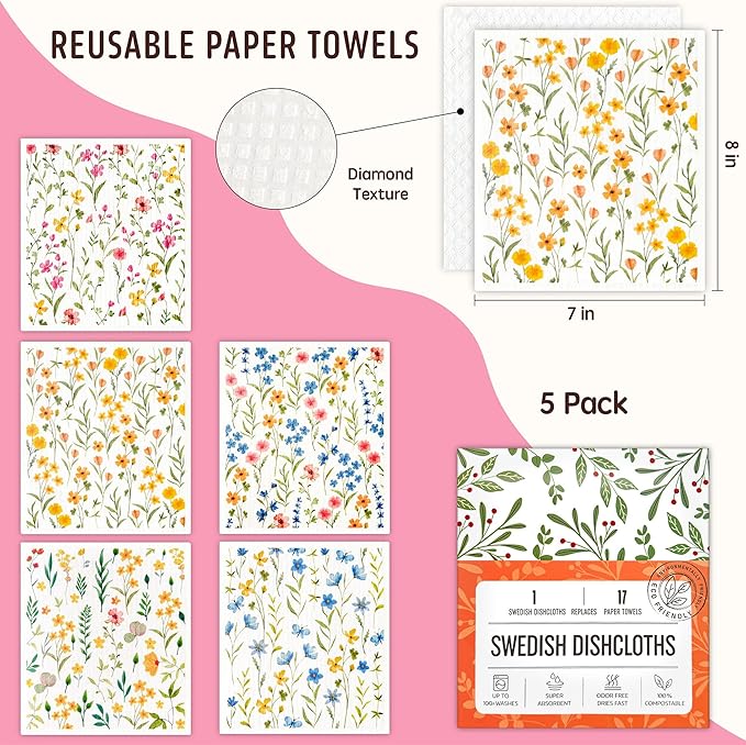 Augine Swedish Dishcloths for Kitchen, 5 Pack Flowers Reusable Paper Towels Washable, Super Absorbent Swedish Dish Cloths, Biodegradable, Non-Scratch, No Odor