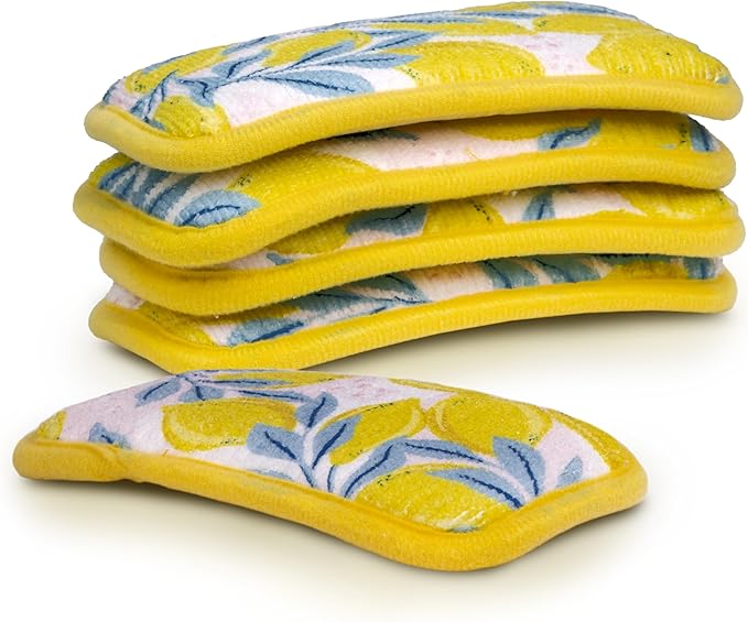Simplified 5-Pack Scrub & Wipe 2-in-1 Dishwashing Sponges - Non-Abrasive Cleaning Sponges, Double-Sided - Safe for Dishes, Non-Stick Pans or Glassware, Absorbent Dish Sponges, Yellow Leaves