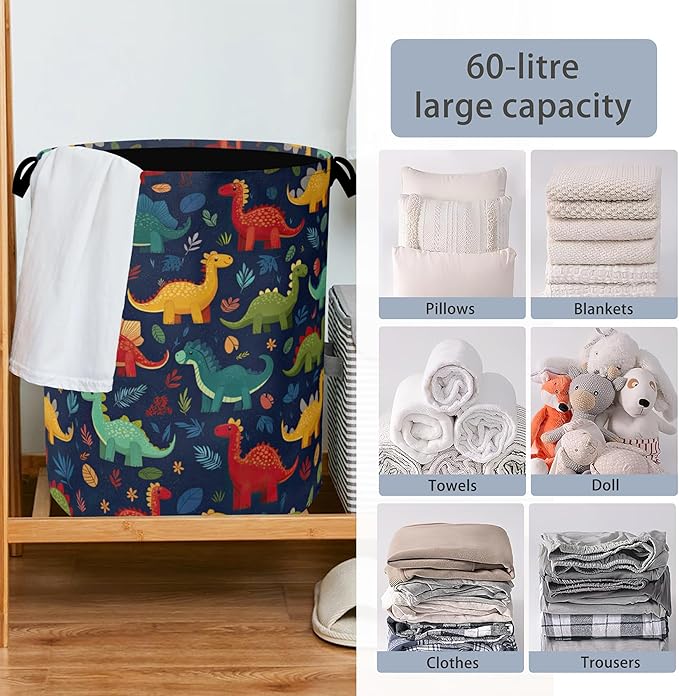 Cute Dinosaur Laundry Hamper,Fern Plants Dirty Clothes Laundry Basket with Handles Waterproof Oxford Cloth Storage Basket for College Dorms Bathroom Bedroom 16" x 20.8"