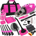 ThinkLearn Car Cleaning Kit, Car Vacuum Detailing Kit Interior with High Power Handheld Vacuum, Including 7Pcs Detailing Brush Set, Windshield Cleaner, Pink Car Accessories for Women