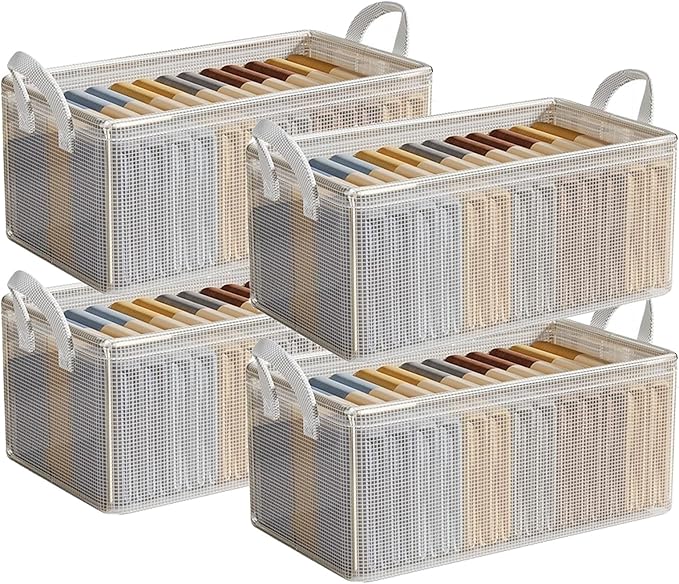 4PCS Closet Clothes Organizer Dustproof Sturdy Storage Baskets Bins 26L Foldable Shelf Containers Bin Support Boards Dust Lid Steel Frame for Sweater Pants T-shirt Dress (Clear - No Lid)