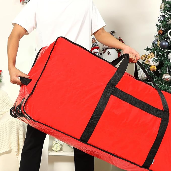 HOMEST Christmas Tree Storage Bag, Fits for 7.5-9 ft Xmas Artificials, Zippered Bag with Reinforced Carrying Handles and Wheels, Red (Bag Only)