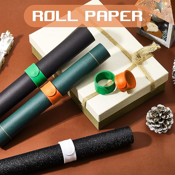 Charniol 12 Pieces Wrapping Paper Roll Holder Holiday Flip Wraps Silicone Covered Metal Strips Flip 1 x 9 Inch Stabilizer Slap Band for Poster Gift Paper Vinyl Storage Organize (Green,Orange,White)