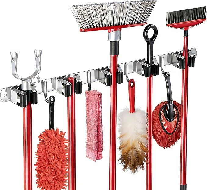 5 Racks and 4 Hooks Mop and Broom Holder Wall Mount, SUS304 Heavy Duty Broom Organizer Storage Tool Racks, Self Adhesive Solid Non-slip Tool Hangers for Home Kitchen Garden Laundry Garage