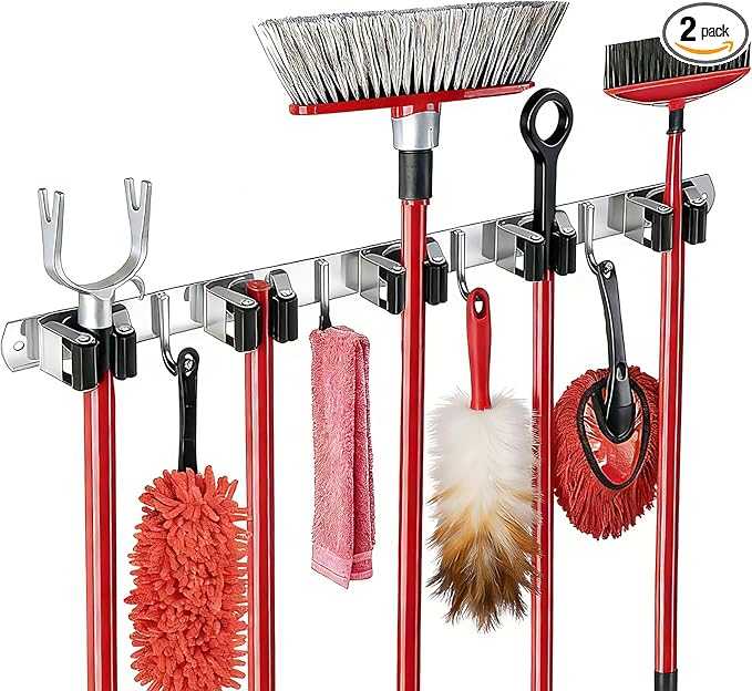 2 Packs 5 Racks and 4 Hooks Mop and Broom Holder Wall Mount, SUS304 Heavy Duty Broom Organizer Storage Tool Racks, Self Adhesive Solid Non-slip Tool Hangers for Home Kitchen Garden Laundry Garage
