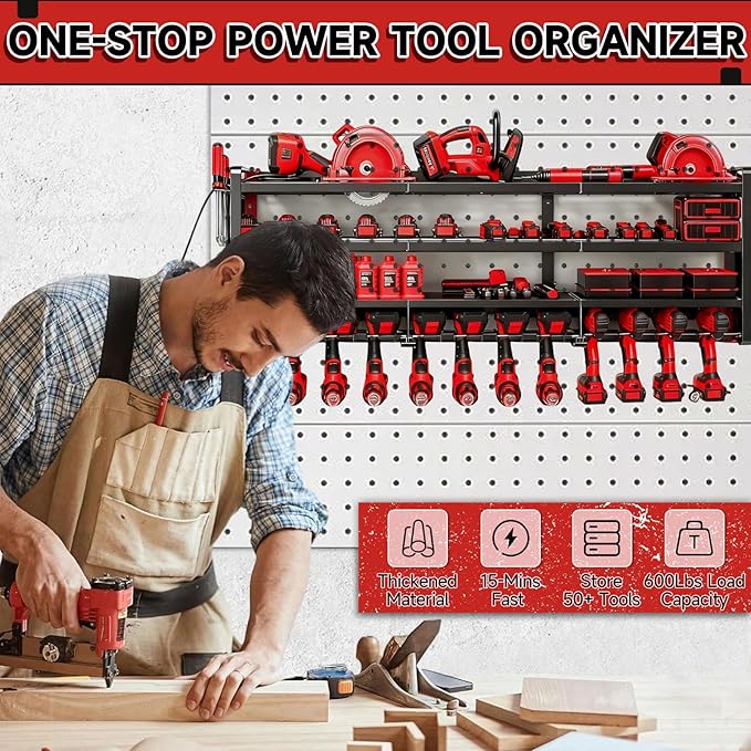 CRELYSTER 50" W Large Power Tool Organizer Wall Mount, Load 600lbs, 4 Layer Heavy Duty 12 Cordless Drills Holder, Battery Tool Storage Rack for Workbench, Workbench,Garage,Shed