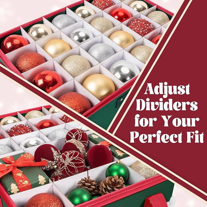 Christmas Ornament Storage Box Holiday Ornaments Storage Container Bin Zippered Top Ball Storage with Adjustable Dividers Holds 72 Ornaments (3 Inch) Green
