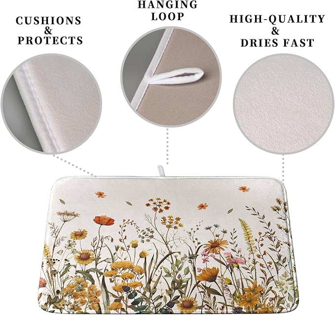 Kwlegh Fall Floral Dish Drying Mat for Kitchen Counter Autumn Burnt Orange Wild Flowers Dish Draining Mat Absorbent Microfiber Dishes Pad Washable Dish Drainer Rack Mat Large 18"x24"