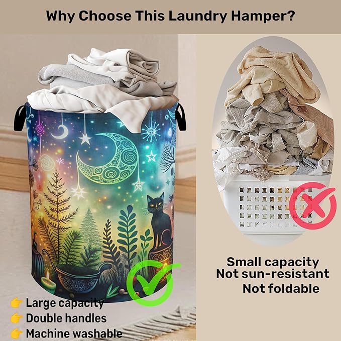 Gothic Black Cat Halloween Laundry Basket - Heavy Duty 60L Dirty Clothes Organizer, Water Resistant Foldable Hamper for Men Women