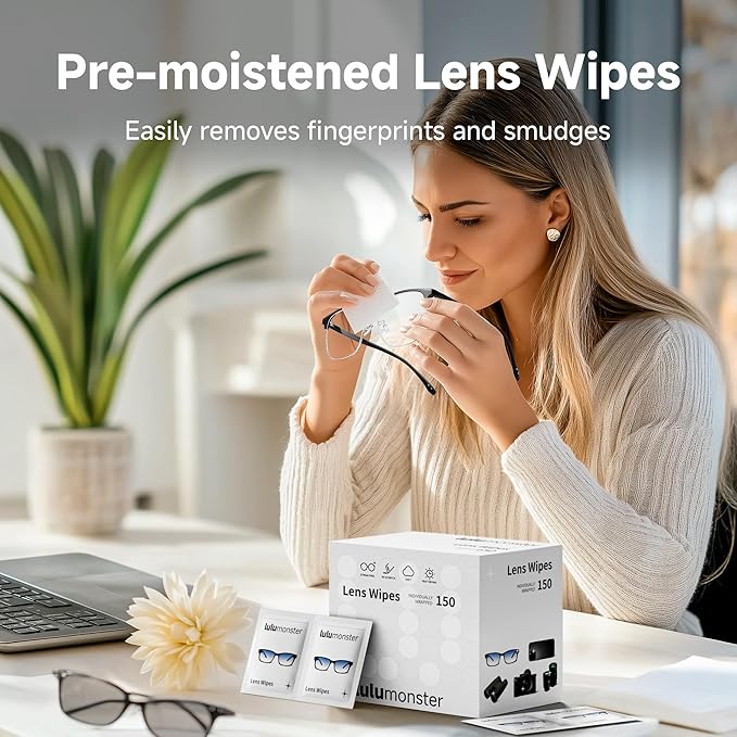 Lulumonster Lens Cleaning Wipes - Pre-Moistened Eyeglass Cleaner for Glasses, Sunglasses & Camera Lenses - Streak-Free, Scratch-Free & Ammonia-Free Formula - Individually Wrapped (150 Count)